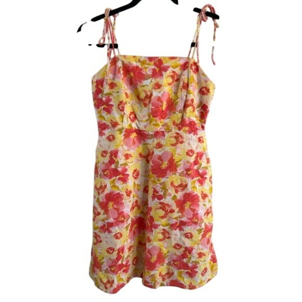 Old Navy Sz Small Yellow Pink Floral Mini Dress Tie Straps Linen Blend Pockets - Picture 1 of 15
